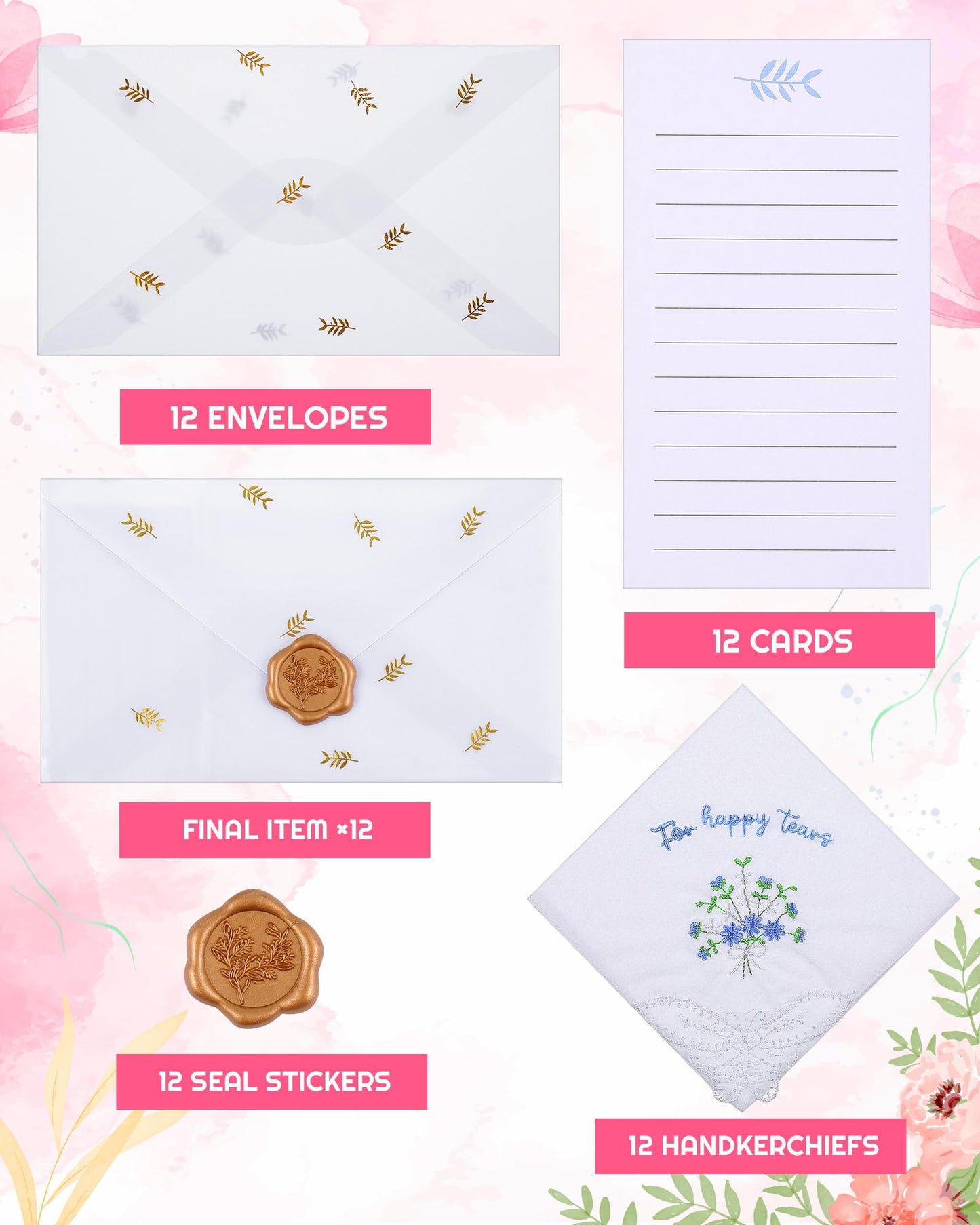 12 Set 6/12 Sets Embroidered For Happy Tears Wedding Handkerchiefs 11" x 11" with Lace Mother of the Bride Gifts for Bride Party