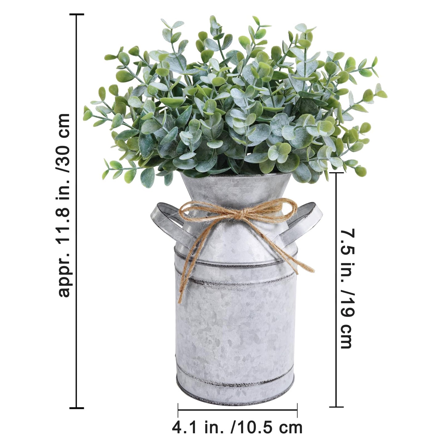 Winlyn Farmhouse Galvanized Metal Milk Can with Artificial Eucalyptus Greenery Arrangement Fake Plants Farmhouse Centerpieces 11.8" Tall for Rustic Country Wedding Home Table Tiered Tray Shelf Décor