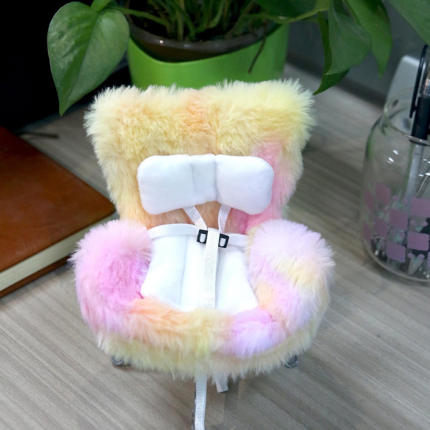 Doll Car Seat Compatible with Labubu, Chair for 3–8 inch Dolls - Adjustable Safety Strap, Air Vent Clip & Desktop Stand, Soft Cushion, Car Ornament Gift for Collectors & Fans (Tropical Sunset Blend)