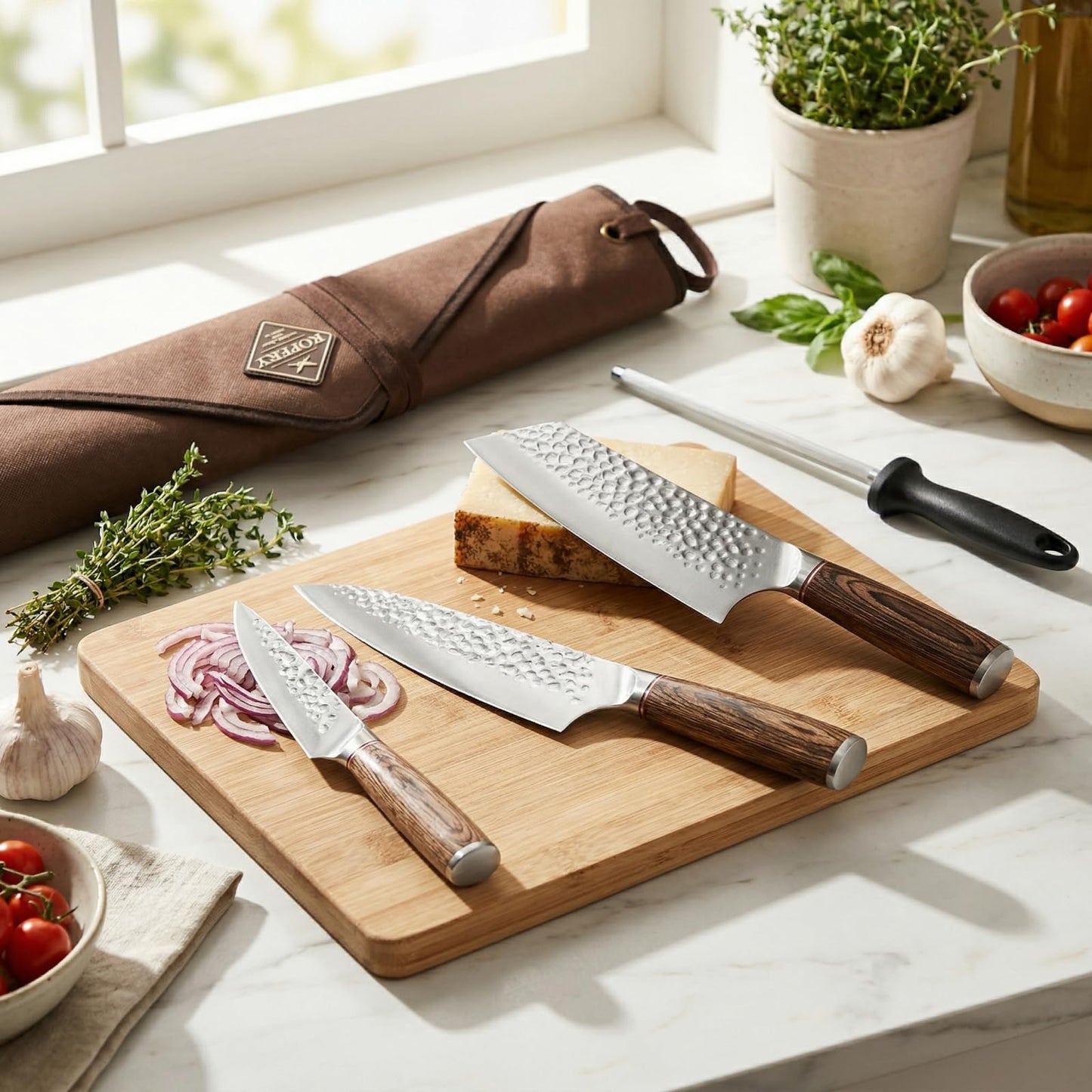 KOFERY 5 Piece Chef Knife Set, High Carbon Stainless Steel Kitchen Knives, Hand Forged Hammered Blades for Meat Cutting and Culinary School, Travel Pouch, Roll Bag, Honing Steel, Block Not Included
