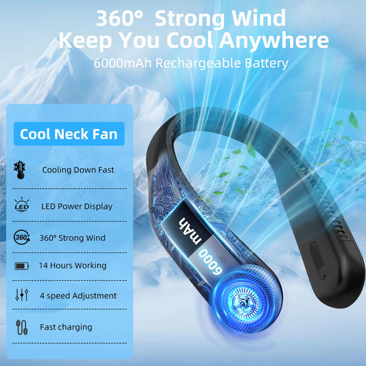 Portable Neck Fan,Hands Free Personal Wearable Bladeless Fan,6000mAh USB Rechargeable,360° Cooling,LED Display,4-Speeds,Birthday Gifts for Men Women Dad Mom,Fathers Day,Mothers Day Gifts (Black)