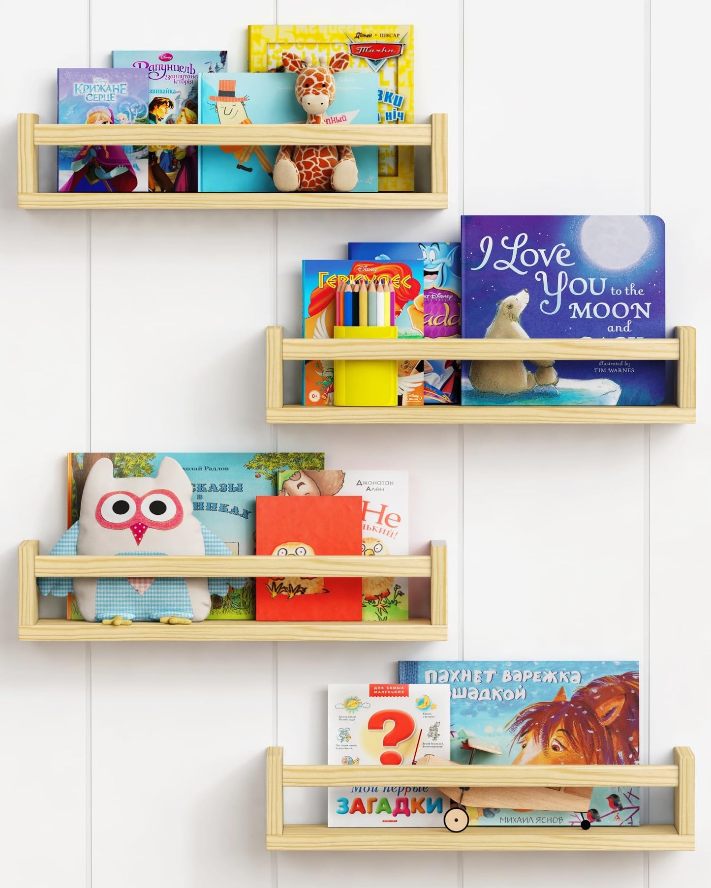 Forbena Natural Wood Nursery Book Shelves Wall Mounted, Floating Bookshelf for Kids Room, Toys and Books Storage Organizer Bookshelves for Toddler Child Bedroom Bathroom (4 Pack Natural Wood)
