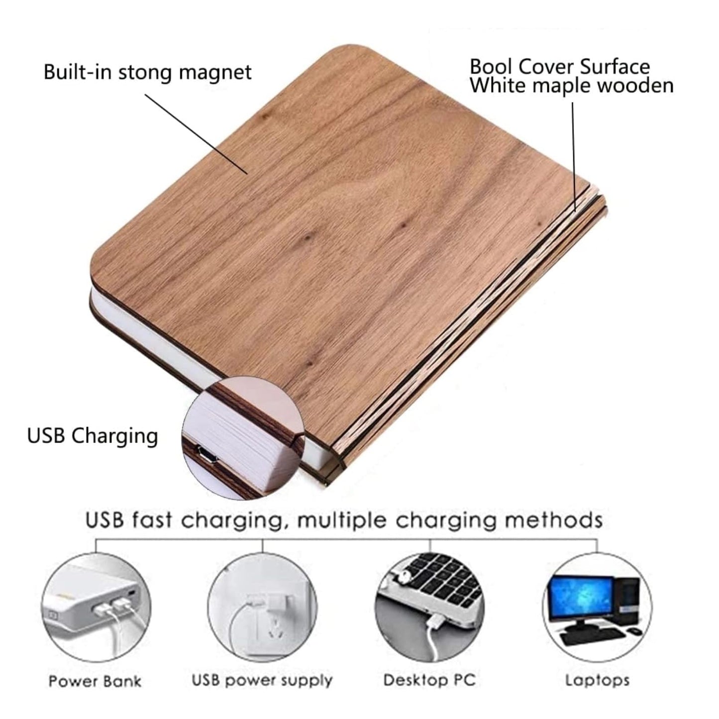 Vilygret 3 Colors Rechargeable Folding Book Lamp, Wooden Book Night Light,Birthday Christmans Thanksgiving Gift for Women Boys Kids Girls