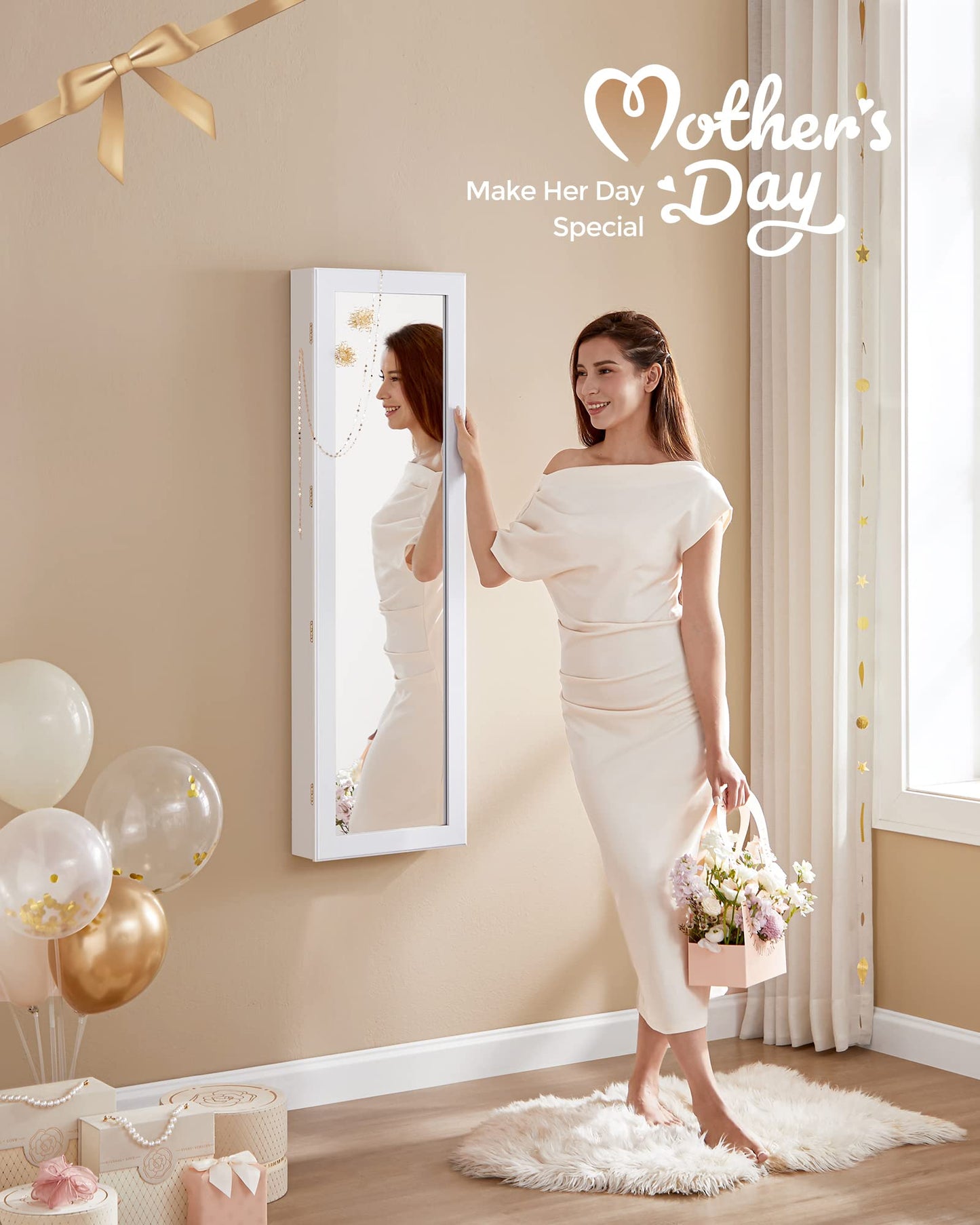 SONGMICS 6 LEDs Mirror Jewelry Cabinet, 47.2-Inch Tall Lockable Wall or Door Mounted Jewelry Armoire Organizer with Mirror, 2 Drawers, 3.9 x 14.6 x 47.2 Inches, White UJJC93W
