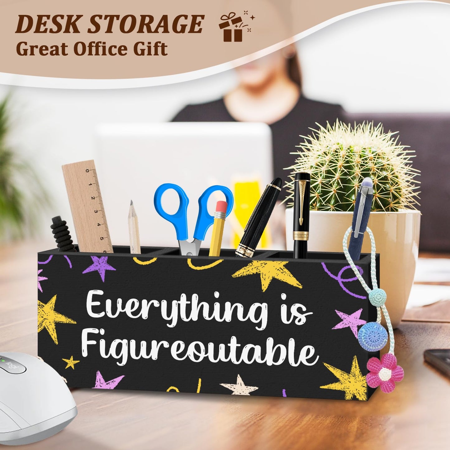 WODMIS Motivational Everything Is Figureoutable Pen Pencil Holder for Desk, Inspirational Gifts for Women Men Wooden Box Organizer Decorations for Home Office Desk Accessories Tabletop
