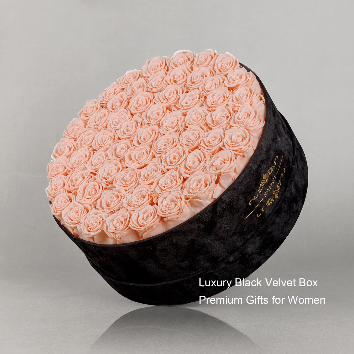 Gifts for Women – NATROSES 60 Preserved Roses in Luxury Black Velvet Box, Preserved Flowers for Delivery Gift for Her, Elegant Rose for Birthday, Mother’s Day, Christmas (Champagne Pink)