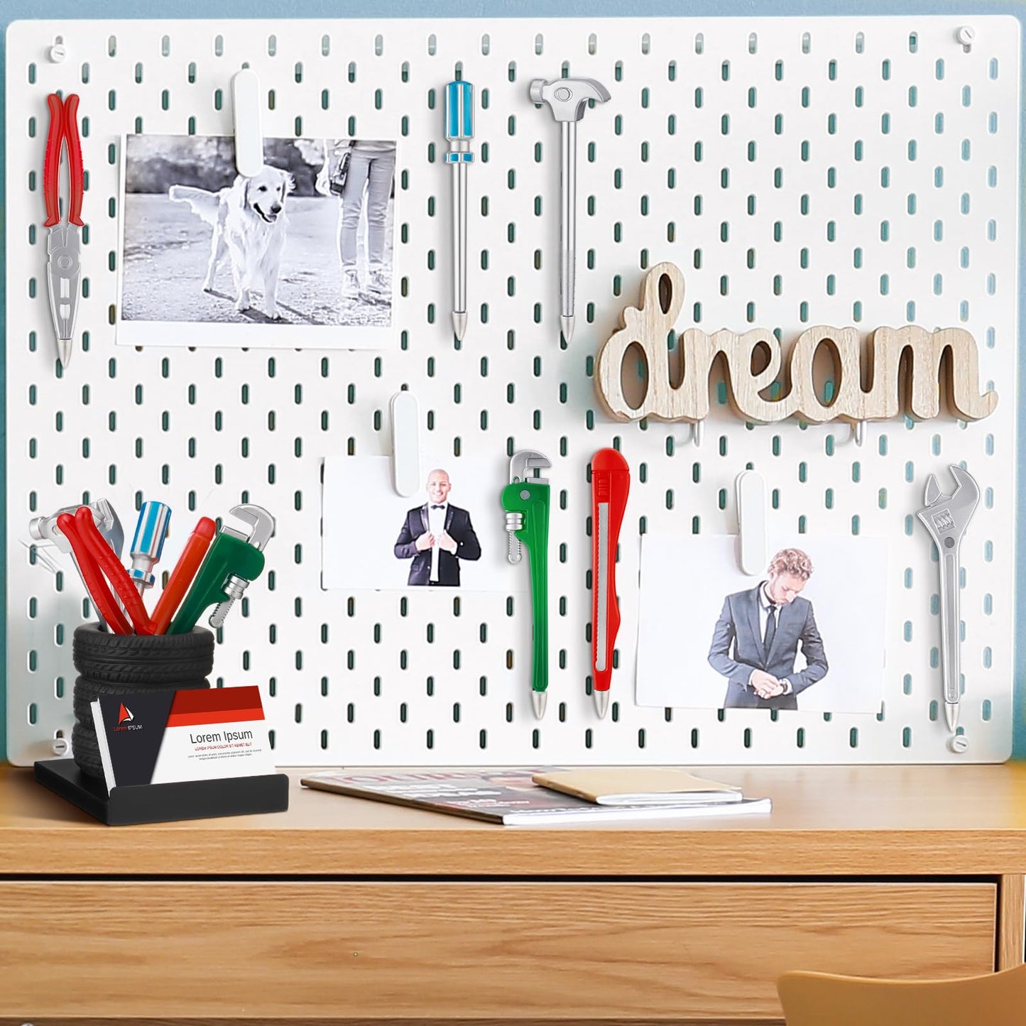 Fuyoooo 7 Pcs Tire Shape Stationery Set Tire Pen Holder Gift Business Card Holder Automotive Desk Organizer for Man Tool Wrench Pens Fun Office School Cool Mechanic Gifts Car Lover Sales Accessories