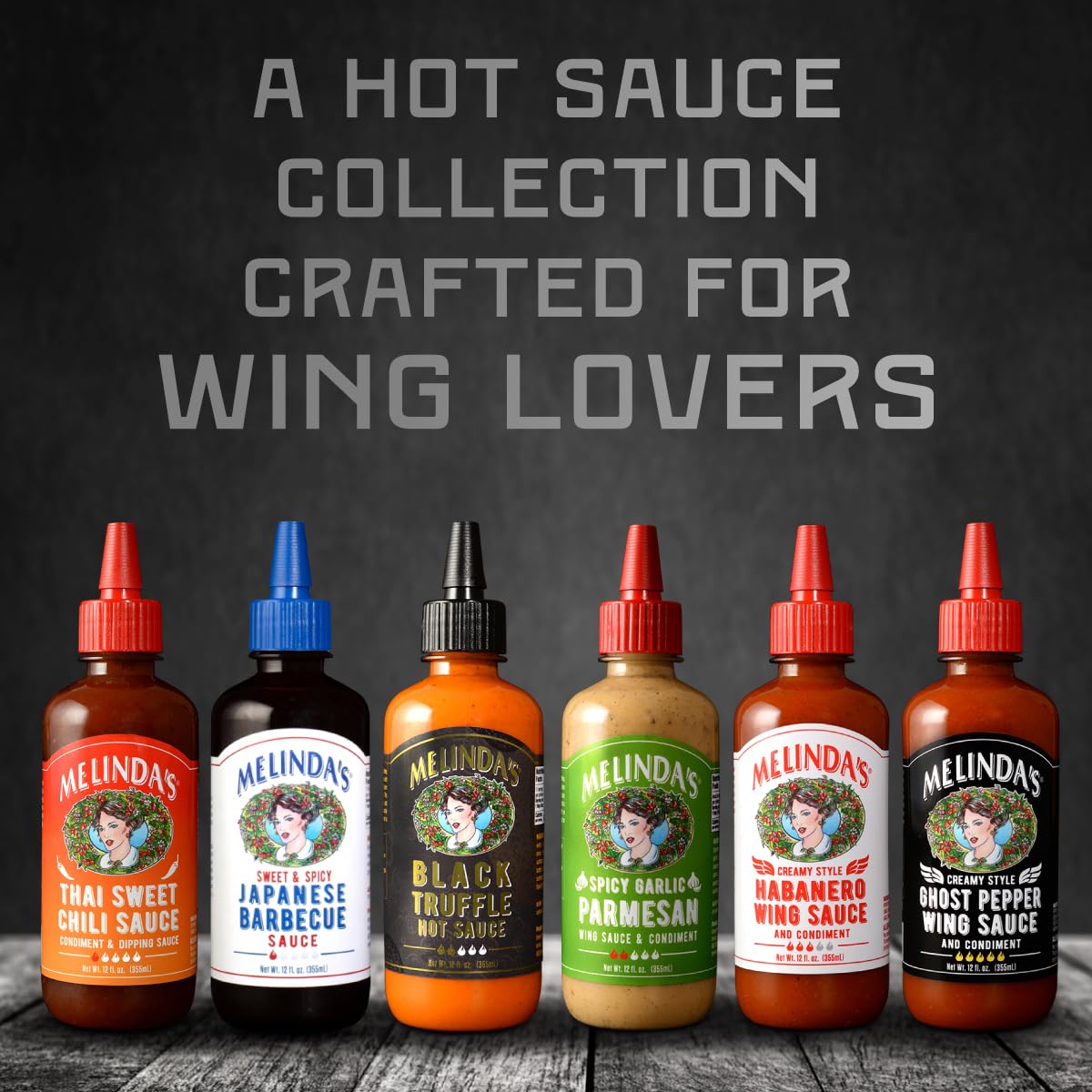 Melinda’s Craft Wing Collection - Craft Wing Sauce & Condiment Gift Set for Buffalo Wings - Black Truffle Hot Sauce, Thai Sweet Chili, Japanese BBQ, Ghost Pepper Wing Sauce & More - 12 oz, 6 Pack
