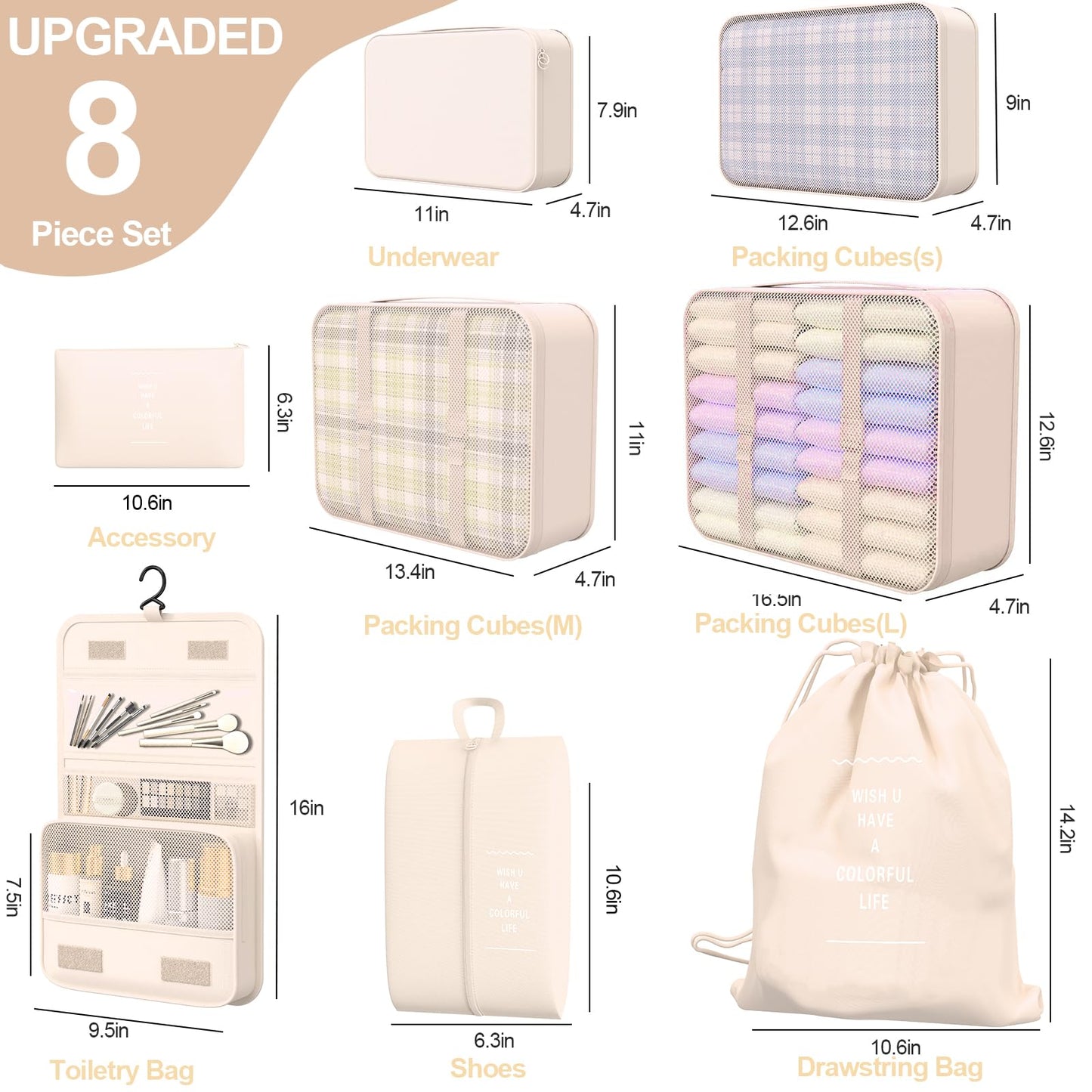 8 Set Packing Cubes for Travel,Suitcase Organizer Bags for Luggage with Shoe & Hanging Toiletry Bag, Vacation Essentials & Accessories for Cruise Ship, Airplane Must-Have,Road Trip & Camp Gifts(Cream)