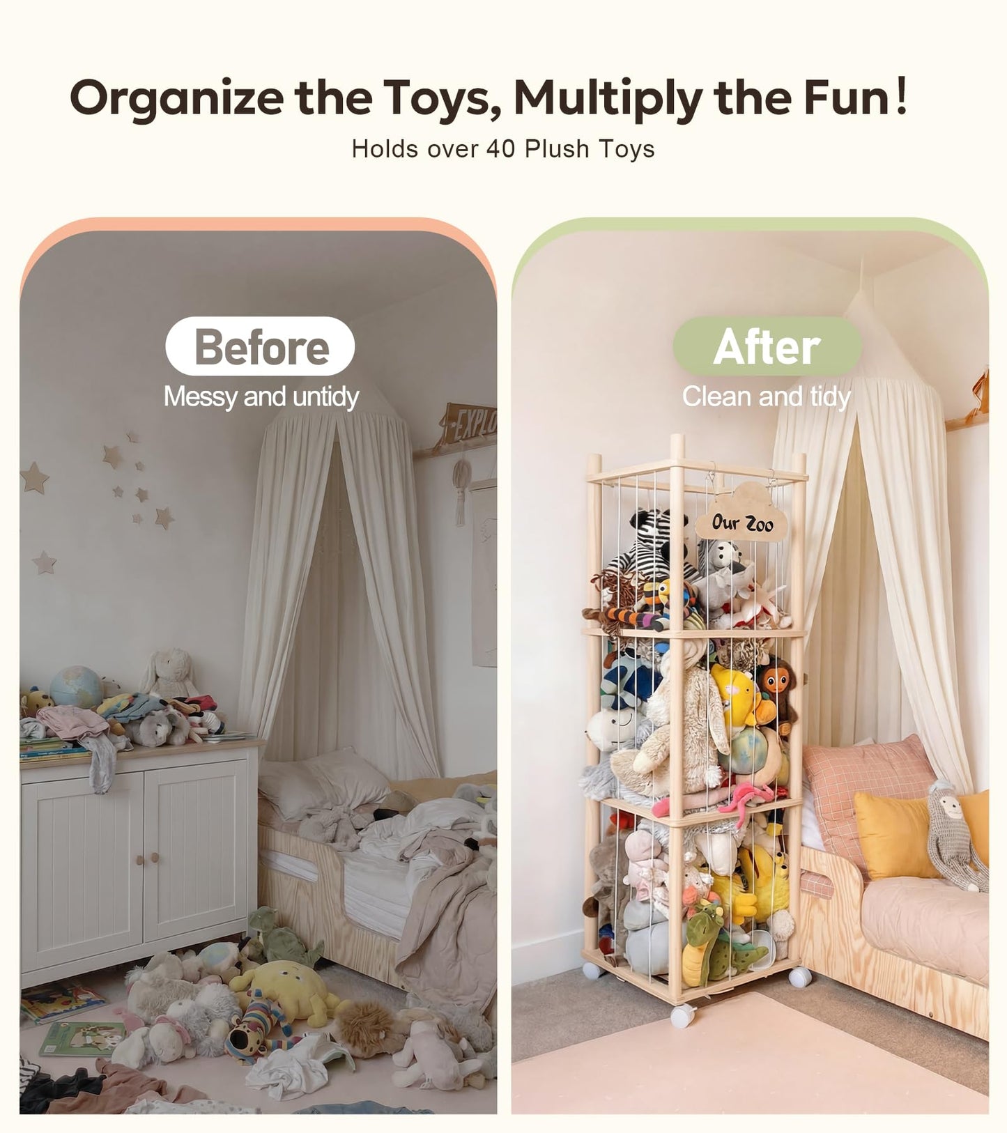 Mallify Stuffed Animal Storage, 54 Inch Wooden Stuffed Animal Zoo with Brake Wheels, Large Capacity Plush Toy Organizer for Nursery Playroom Bedroom