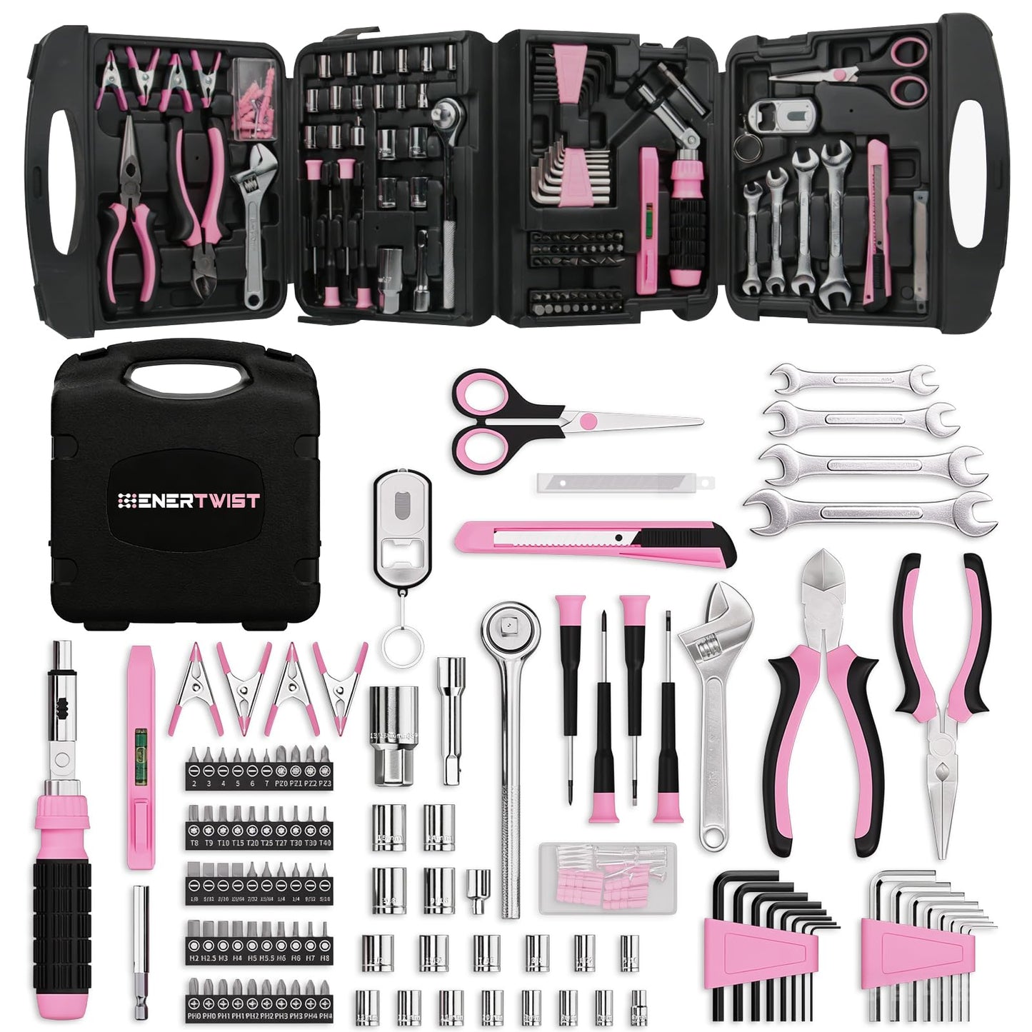 ENERTWIST Pink Tool Kit for Women, 189-Piece Premium Household Hand Tool Set with Lightweight Portable Box, Perfect for Home DIY Repair, Furniture Assembly, Ideal Gift for Women & Housewarming
