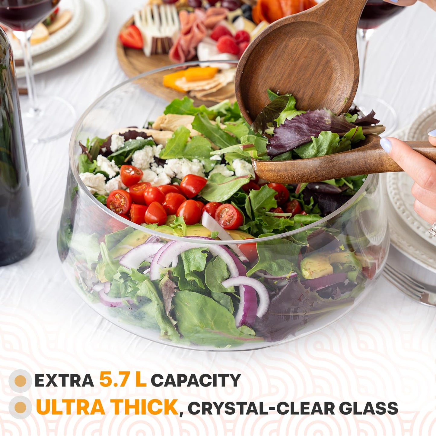 Oria Cook Large Glass Salad Bowl with Lid Set, 5.7 L Decorative Glass Mixing Bowl, Trifle and Serving Bowls with Lids as Cheese Charcuterie Board and Plate, Comes with Wood Serving Utensils