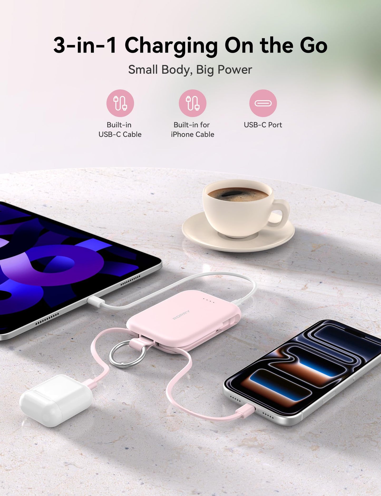 RORRY Portable Charger, 5000mAh Portable Charger Power Bank with Built-in Cables, Travel Keychain Charger Battery Pack for iPhone 17/16/15/14/13/12, for AirPods 2/3/4/Pro, Purple