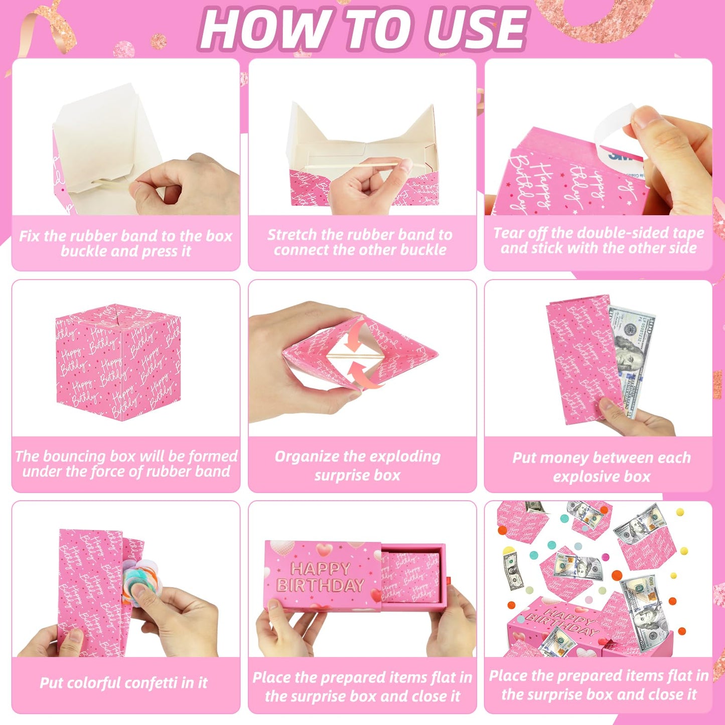 WenmthG Happy Birthday Surprise Gift Box Explosion for Money - DIY Pop Out Folding Bounce Explosion Gift Box with Confetti - Birthday Money Bank - Cash Gift Idea for Women Men Kids (Pink)