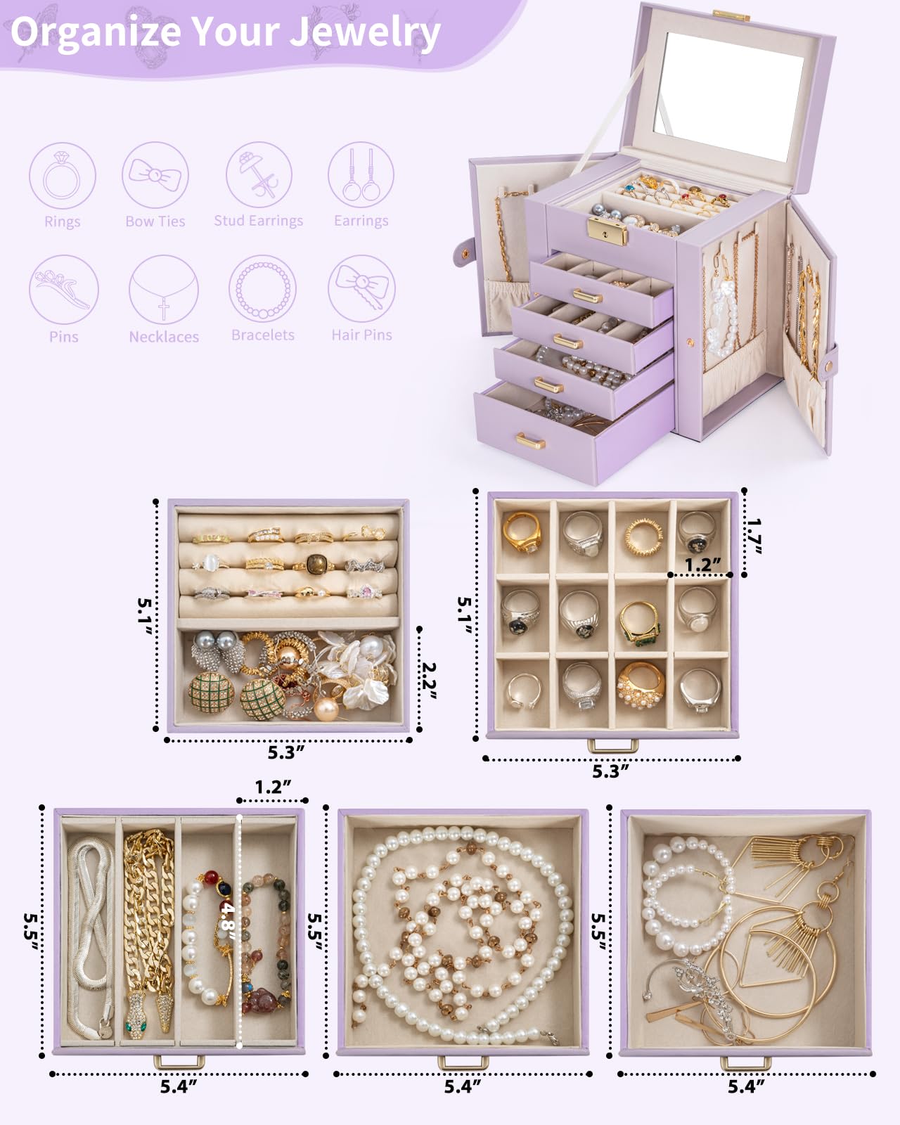 AKOZLIN 5-Tier Jewelry Box Leather Jewelry Storage Organizer with 4 Drawers Lockable for Women Girls Ring Necklace Earring Bracelet Watches Holder with Mirror Purple
