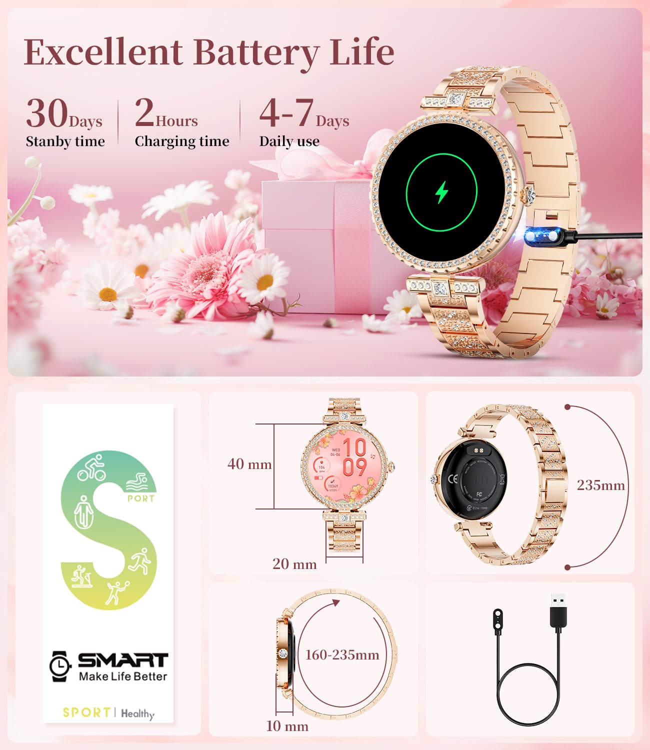 ESFOE Smart Watches for Women,1.19” AMOLED Smart Watch Women Answer Make Calls,IP68 Waterproof Fitness Tracker,Heart Rate Sleep Monitor,100+ Sports Pedometer Watch for Android iOS Phone,Gift,Rose Gold