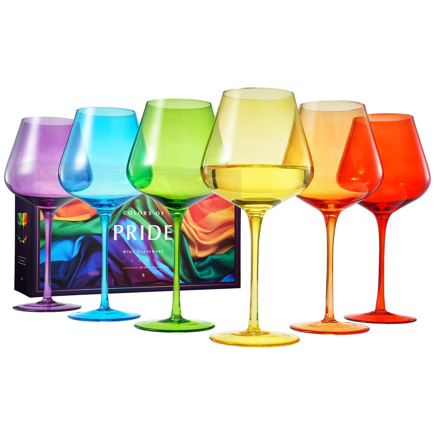 Pride LGBTQIA+ Colored Wine Glass Set | 20oz | Gay Rainbow Set of 6 Love is Love, Gift for Her, Him, They, Special Celebrations Drinkware Unique Style Stemmed Elegant Bright Glassware Pride Month Gift