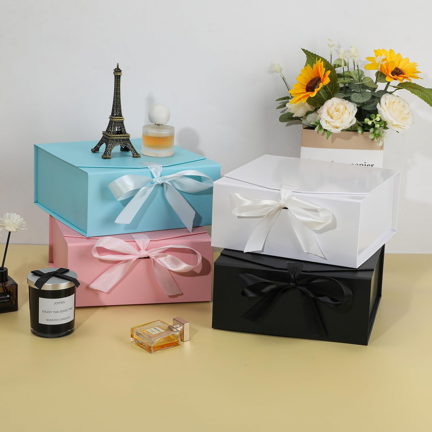 OEMVALATY 6-Pack Gift Boxes,9x9x4 Inch Magnetic Gift Boxes with Lids for Presents,Black with Ribbon, Bridesmaid Proposal Box for Wedding, Storage, Birthday
