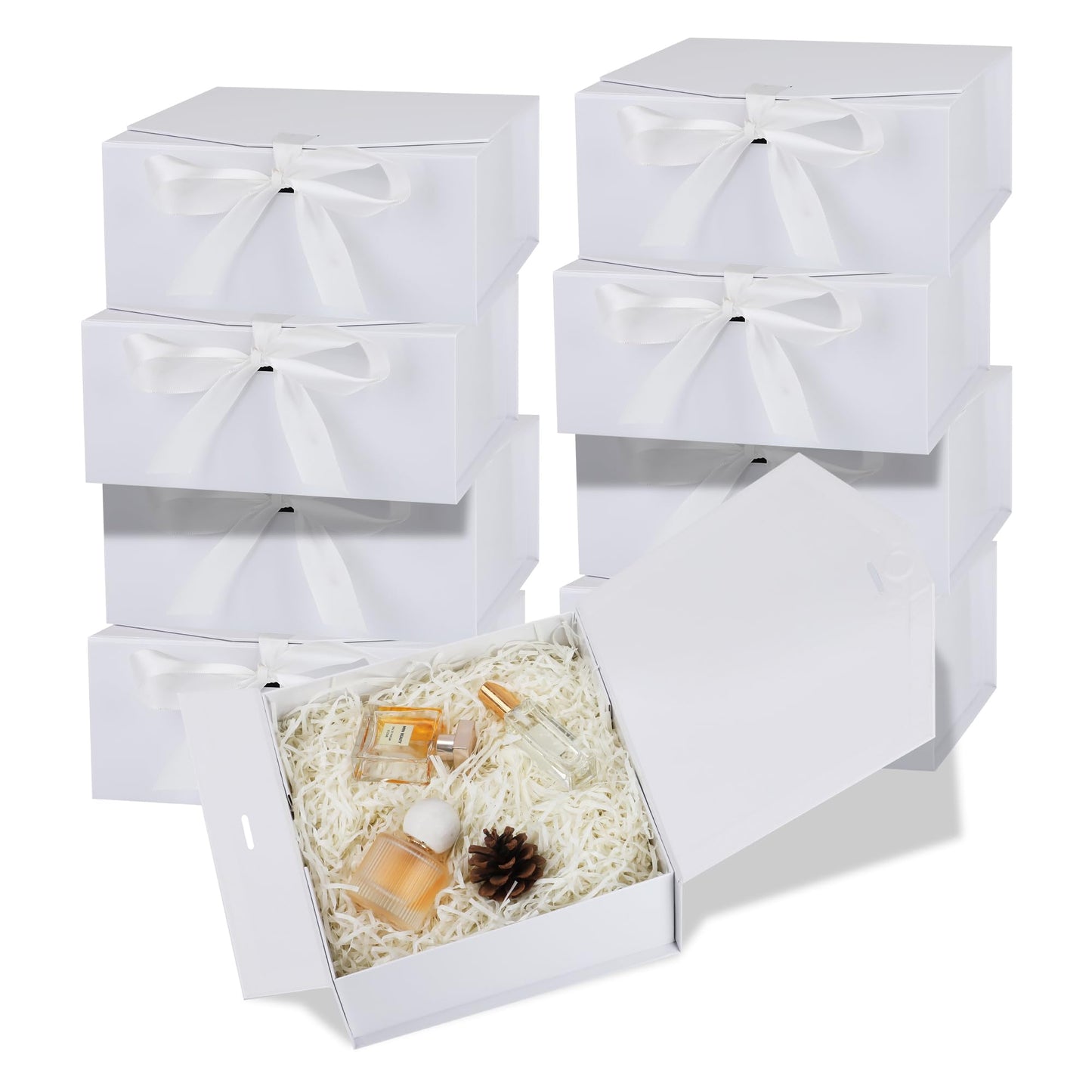OEMVALATY 8-Pack Gift Boxes,9.5x6x3 Inch Magnetic Gift Boxes with Lids for Presents,White with Ribbon, Bridesmaid Proposal Box for Wedding, Storage, Birthday