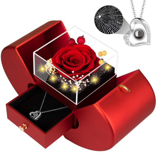 Lebana Preserved Red Real Rose with I Love You Necklace, Mothers Day Gifts for Mom Women Her Wife Girlfriend Grandma Birthday Mothers Day Valentines Christmas Anniversary Romantic-Red