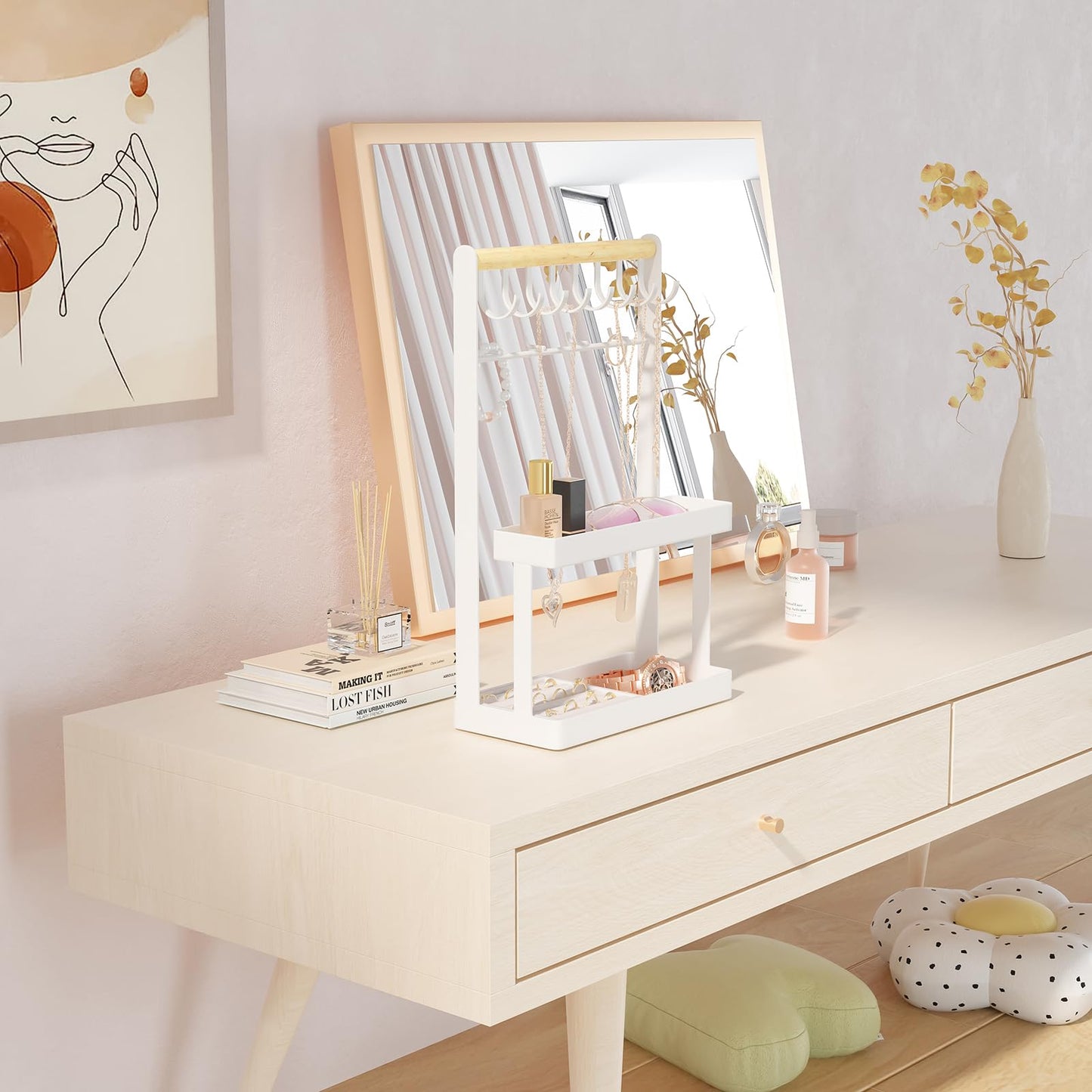 Lolalet 4-Tier Jewelry Organizer Stand with 12 Hooks, Necklace Bracelet Ring & Sunglasses Holder, Cute Metal Jewelry Storage Rack for Vanity, Dresser or Entryway, No Assembly -White