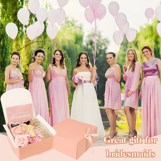 HOMENERGY Bridesmaid Proposal Gifts Set 6 - "Will You Be My Bridesmaid Kit with Elegant Box Jewelry Box Glass Cup Invited Cards Knotted Bracelets Sunglasses Scrunchies Raffia Grass Pink 54 Pcs