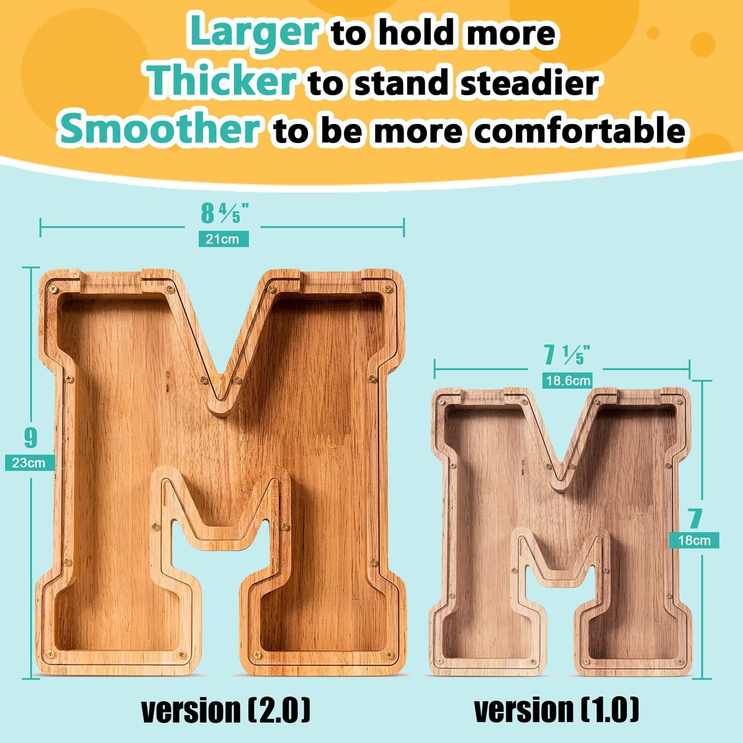SummiDate Wooden Letter Piggy Bank for Kids| Piggy Bank for Boys Girls Toddler| Alphabet M Money Bank| Personalized Initial Wood Coin Bank Birthday for Kids (M)