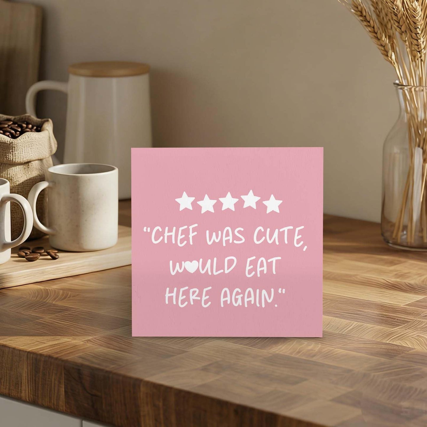 GWOKPAAI Pink Kitchen Accessories Wooden Box Signs Desk Decor, Chef Gifts for Women,Chef Was Cute Would Eat Here Again Wooden Signs Desk Decorations for Kitchen Dining Room Tabletop Shelf Wall,5x5in