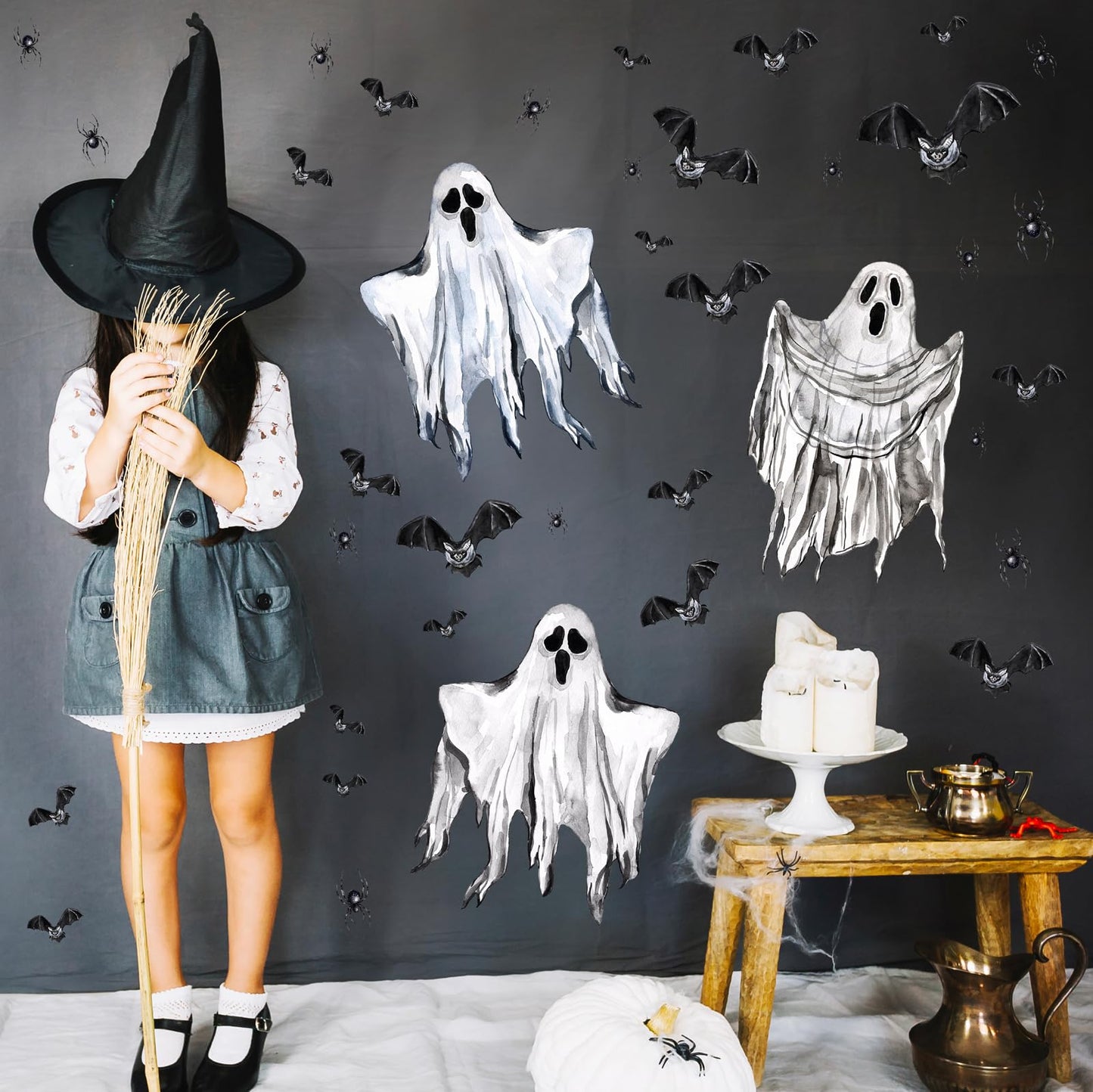 Halloween Wall Decoration Stickers Large Bats Ghost Wall Decals Decoration Peel and Stick Halloween Party Indoor Decor Supplies Happy Halloweens Vinyl Decals for Haunted House Window Winter Hoilday