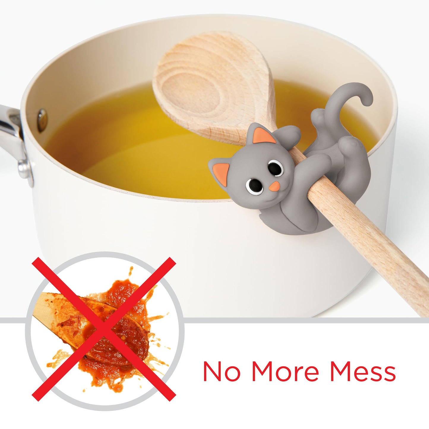 Gray Cat Spoon Rest for Stove Top – Silicone Pot Clip Utensil Holder & Lid Lifter – Funny Kitchen Gadget, Unique Grey Tabby Cat Gifts for Women – 3" x 2.5"