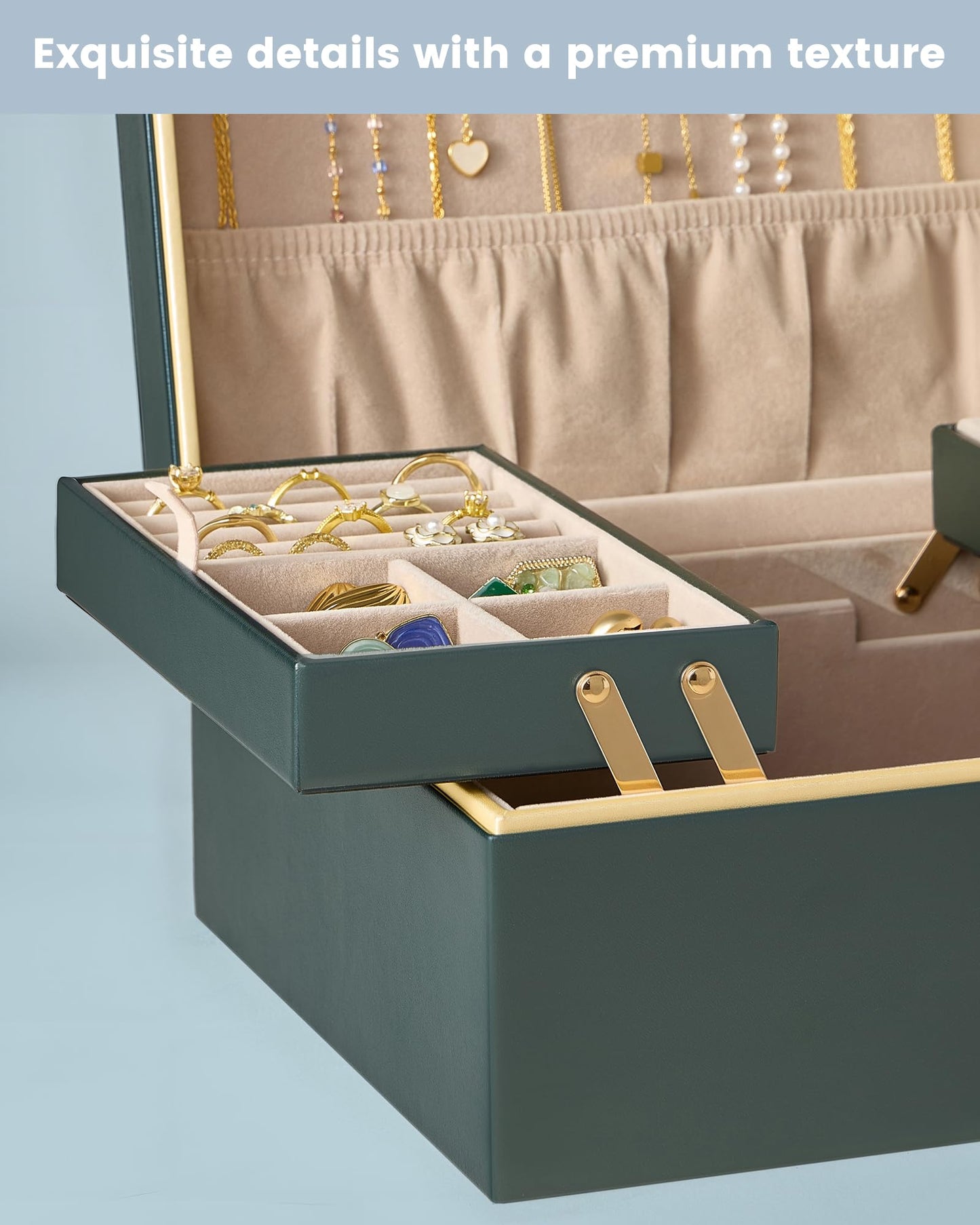 Lolalet Jewelry Box Organizer for Women Girls, 2 Layer Jewelry Organizers and Storage for Necklace Earrings Rings Bracelets, Large Jewellery Holder Case Birthday Mothers Day Gifts -DarkEmerald