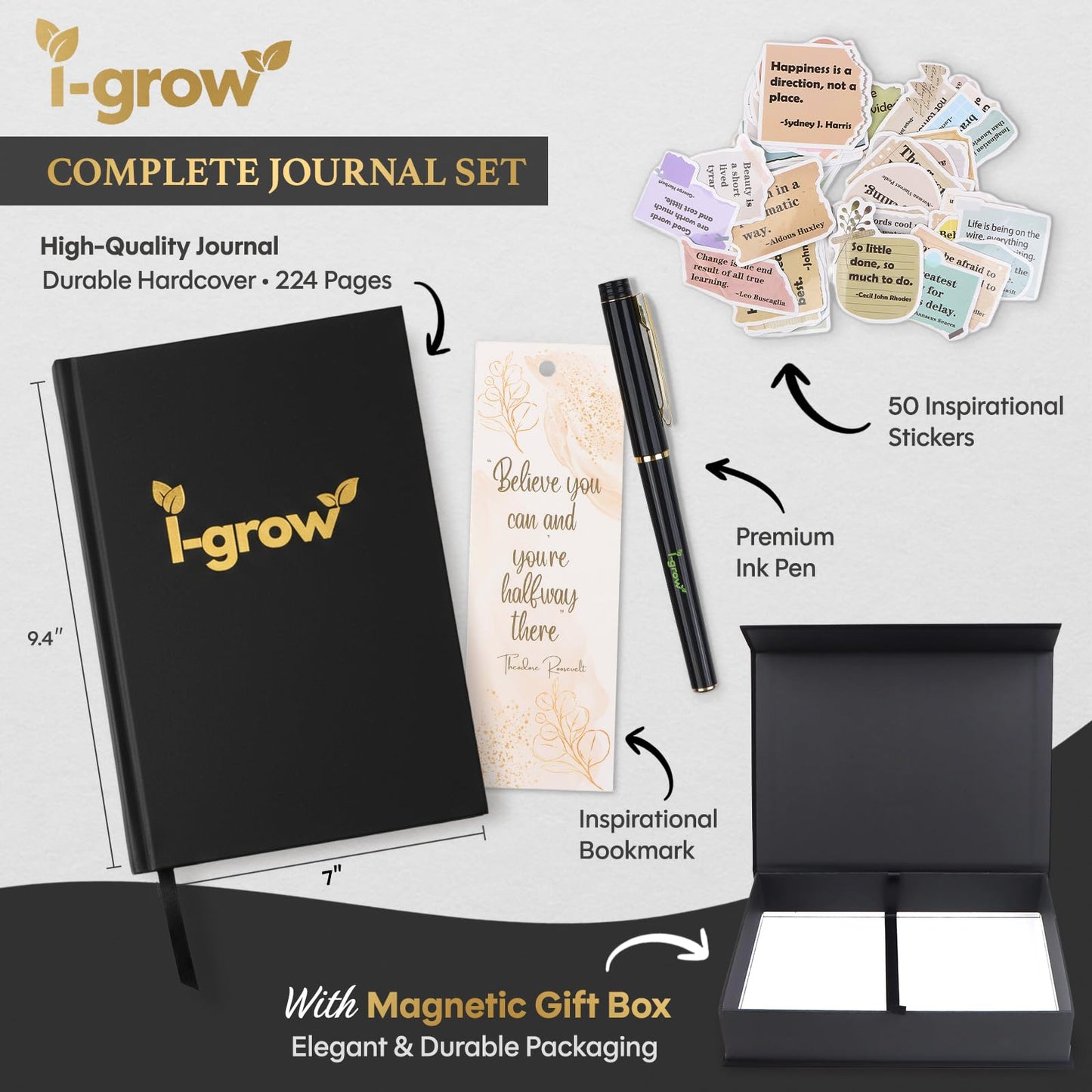 Gratitude Journal for Men & Women (Black) - A5 Hardcover Daily Prompt Journal with Gift Box & Pen - 5 Minute Practice for Mindfulness, Success & Productivity - Includes Stickers & Bookmark - 2026 Gift Set