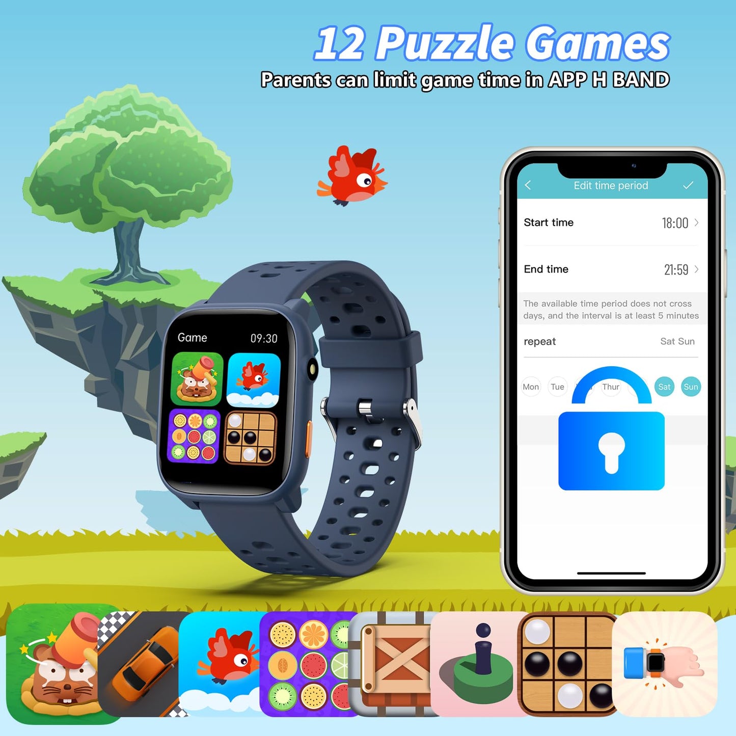 ModaWin Smart Watch for Kids with 12 Puzzle Games, 1.83" Fitness Tracker Watch Heart Rate Sleep Monitor, Pedometer, Alarm Clock, Flashlight, Gift for 6-12 Year Old Boys Girls