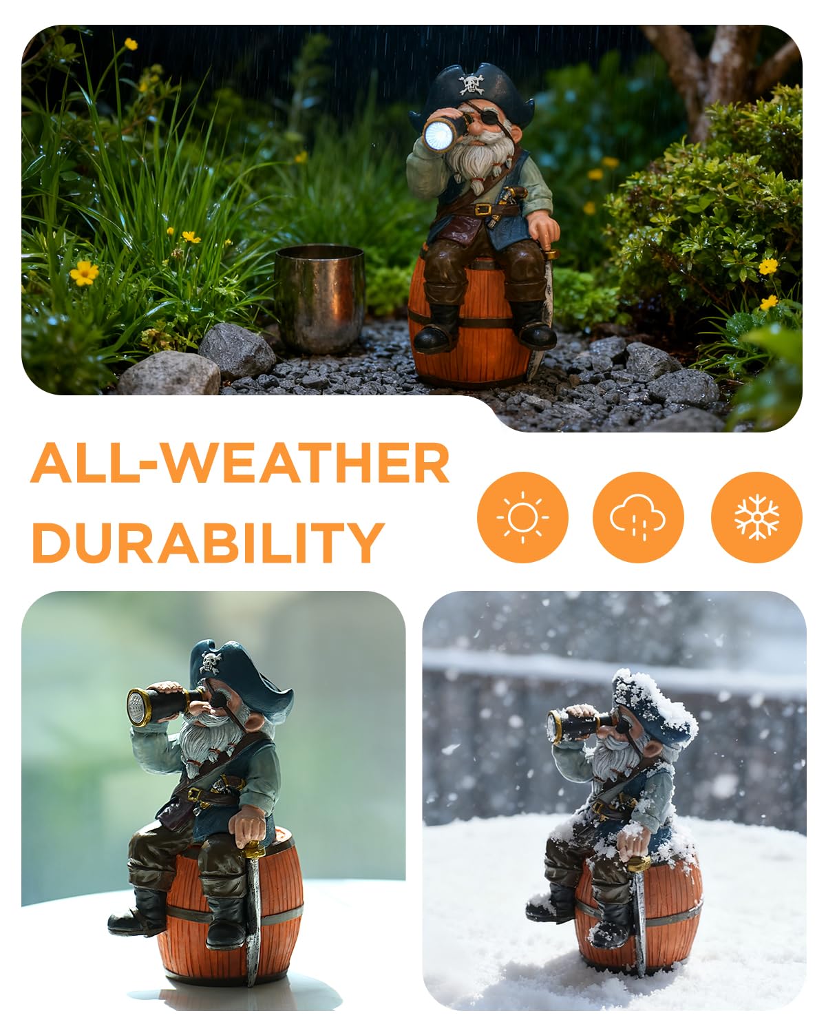 GaloTrek Solar Garden Gnome Statues Funny Resin Pirate Gnome Decorations Sitting on Wine Barrel Outdoor Figurines for Yard Patio Mom Gift