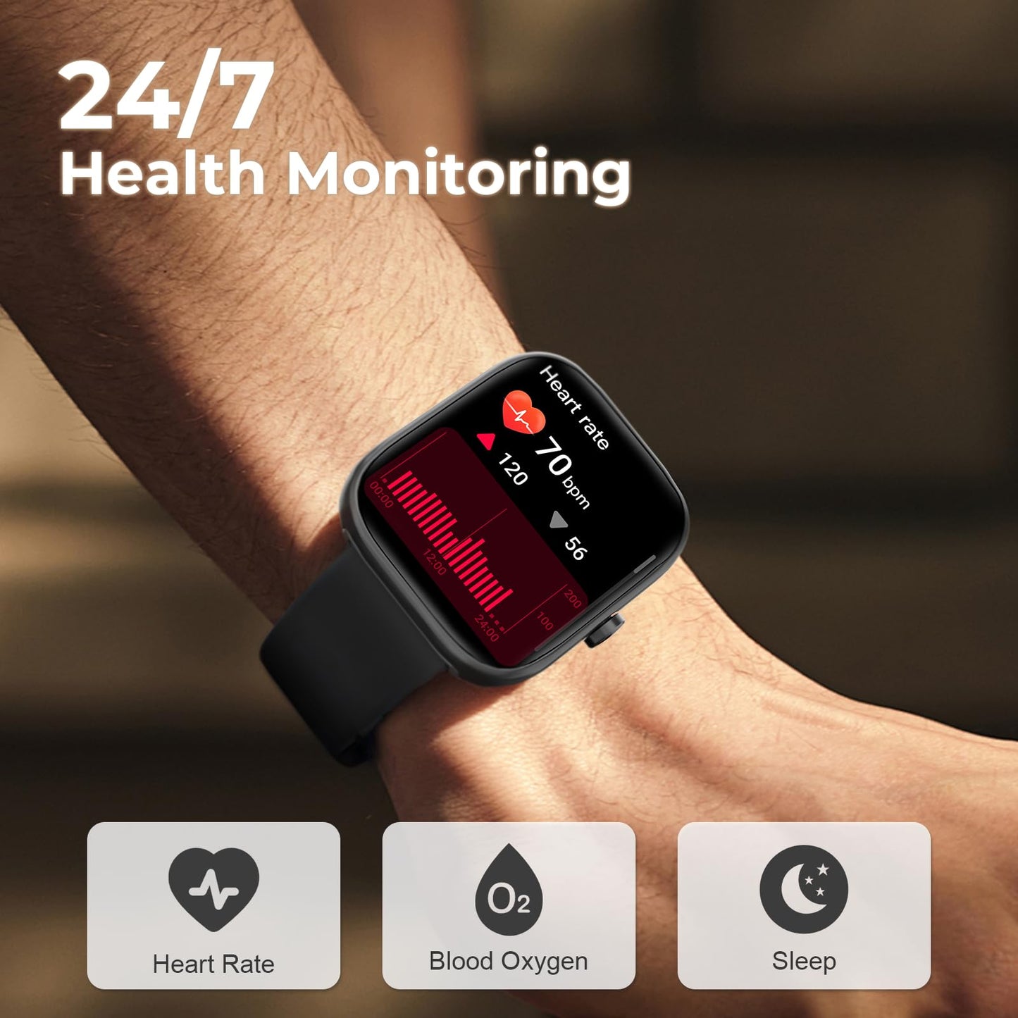 Smart Watch for Men Women, 1.83" HD Touchscreen Fitness Watch with Bluetooth Call&Message Notifications, 110+Sport Modes, 24/7 Heart Rate/Sleep Monitor, IP68 Waterproof Fitness Tracker, Grey Black