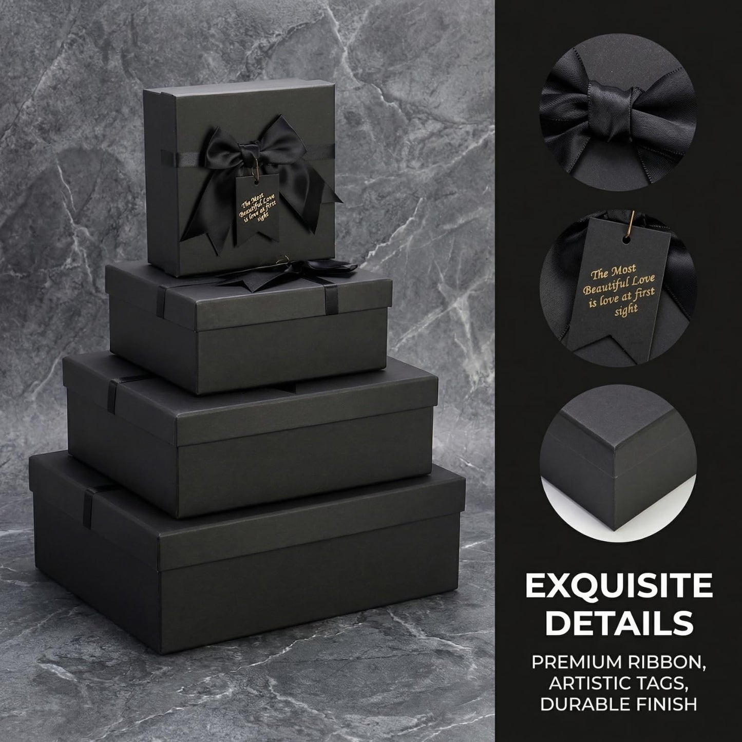 ZENFUN 5 Pack Black Nested Gift Boxes with Lid for Valentine's Presents, 5 Sizes Luxury Packaging Box with Ribbon Bows and Label Gift Wrap for Thanksgiving Birthday, Weddings, Mother's Day 13.7'' to 5.1''