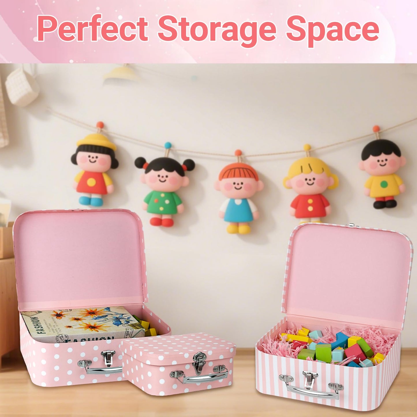 Dloulqz Paperboard Suitcases Set of 3 Decorative Storage Boxes with Lids,Mini Suitcase,Cute Storage Gift Boxes for Barbie Doll,Toys,Photos,Hat,Christmas New Year,Wedding Birthday Party Home Decoration