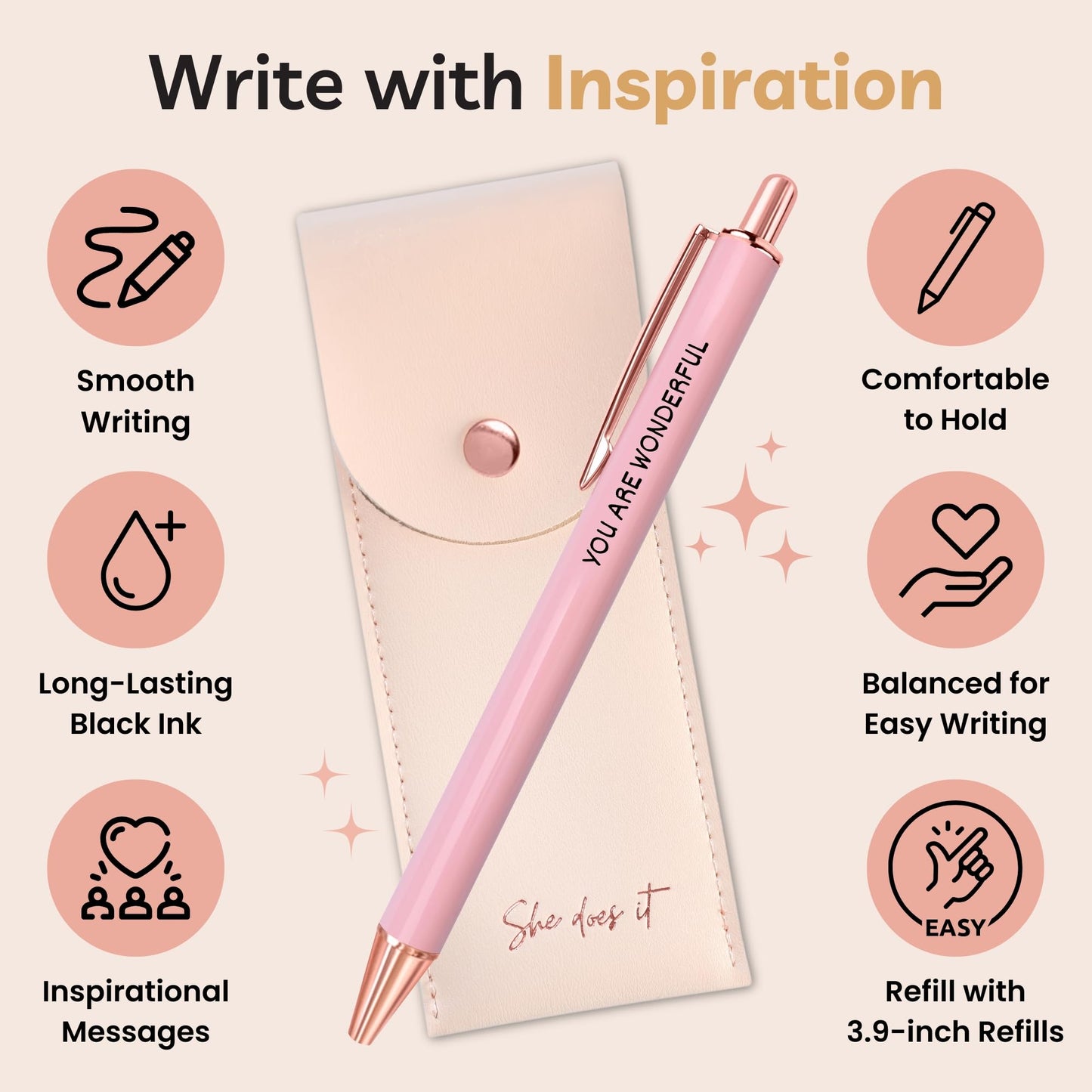 She Does It Fancy Pen Set For Women - Inspirational Nice Teacher Pens | Pretty Motivational Thank You Gifts | Cute Positive Work, Office, Promotion, Coworkers, Intern, Gratitude & Job Motivation Gift