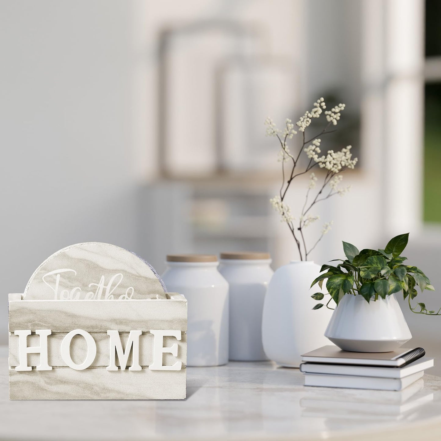 Queekay Coasters Set of 6 House Warming Gifts New Home Wooden Farmhouse Drink Coasters with Holder 4'' Funny Decoration for Kitchen Family Coffee Bar Tabletop Protection(Brown Marble)