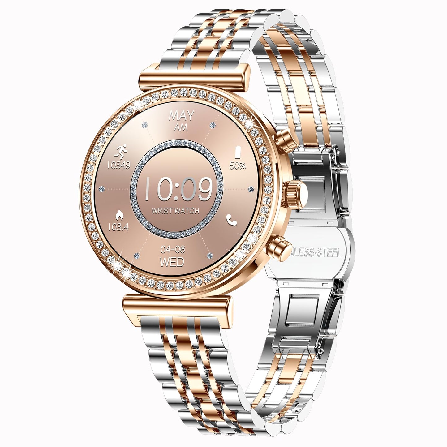 Smart Watches for Women Fitness Tracker with Diamonds Multi-Sport Modes Heart Rate Monitor Sleep Monitoring Bluetooth Calls Female Helath 1.27" Dainty Smartwatch for Android iOS Rosegold Mix