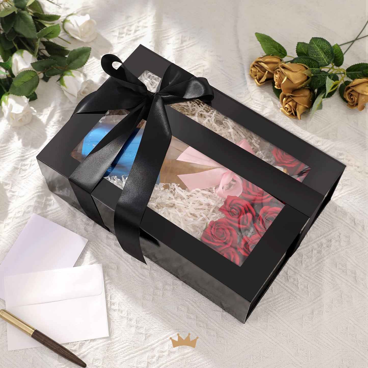 PACKQUEEN Large Black Gift Box with Window, 13.5x9x4.1 Inches Clear Gift Box for Present Contains Ribbon, Card, Groomsman Proposal Box with Magnetic Lid (Glossy Black)