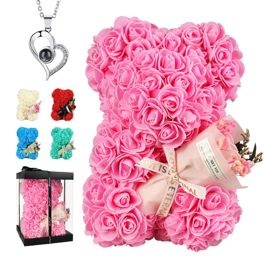K KYMAKE Mothers Day Rose Gifts for Mom Rose Bear Pink Teddy Bear Birthday Gifts for Women Wife Daughter Girlfriend,Flower Bear with Rose Bouquet and I Love You Necklace