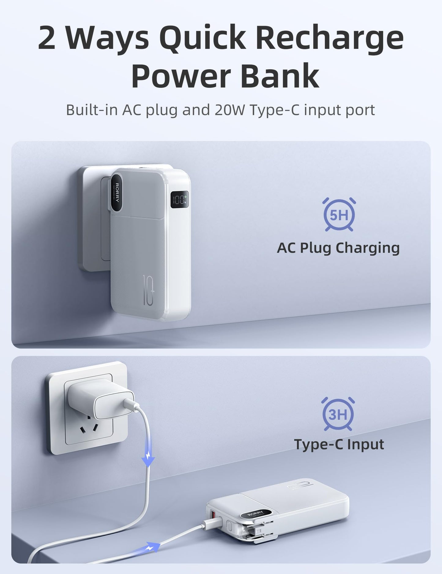 RORRY Portable Charger Built in Cables, AC Wall Plug In Portable Charger Power Bank 10000mAh Travel Battery Pack 22.5W Fast Charging for iPhone 17/16/15 Samsung Galaxy S25/S24/S23 Pixel LG iPad, Green