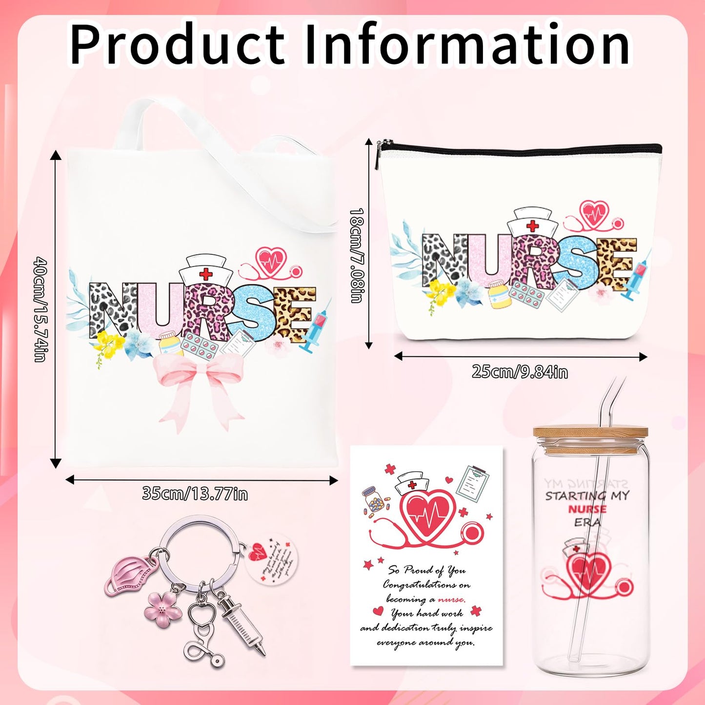 VeloKomo Nurse Gifts for Women - 5 Pcs Canvas Tote Bag Makeup Bag Glass Cup Keychain with Greeting Card Set Appreciation Graduation Retirement Nurses Week Gift for Nursing Student Daughter Coworkers