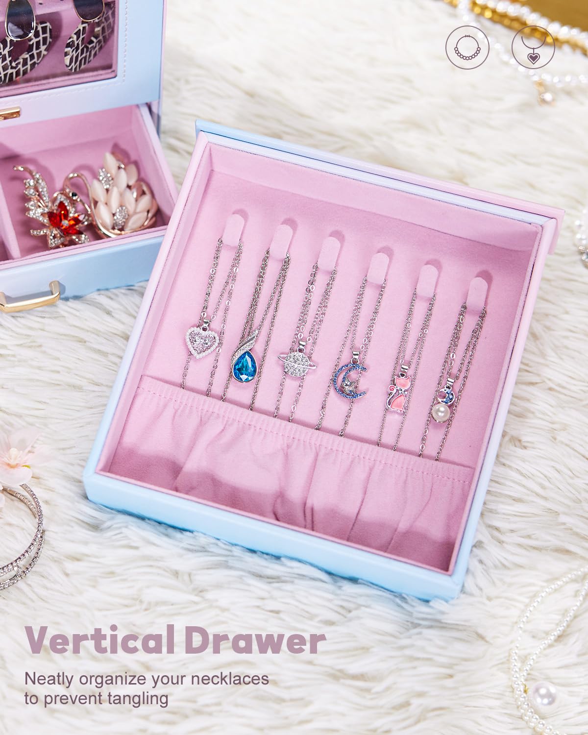 Homde Jewelry Organizer Girls Women Jewelry Box for Necklaces Rings Earrings Gift Bracelets Storage Case (Blue - Pink Gradient + Gold)