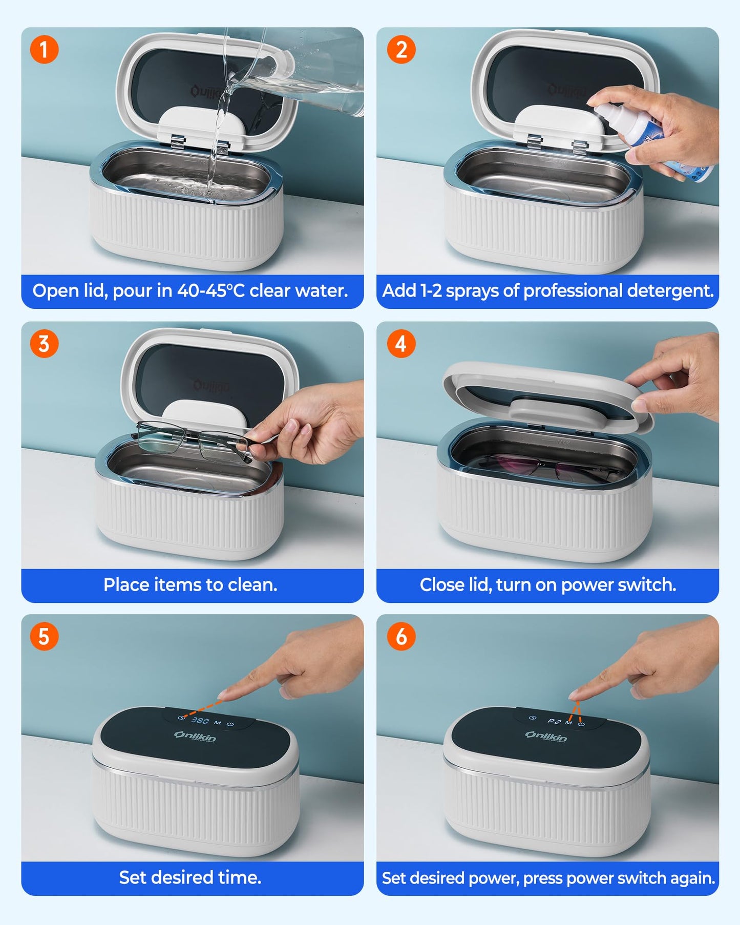onlikin 35W Ultrasonic Jewelry Cleaner, 45KHz Retainer Cleaner for Jewelry, 5 Timer & 3 Power Modes, Eyeglasses, Rings, Watch Strap, Dentures - 20oz, 304 Stainless Steel Tank, Quiet <38dB (White)