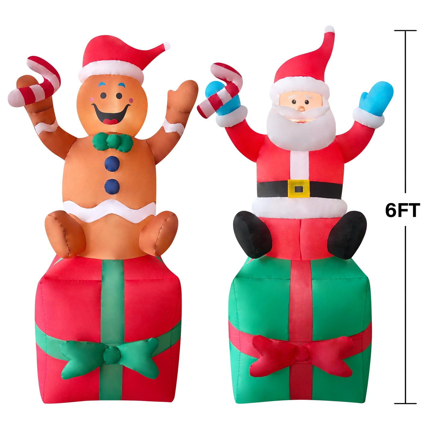 EEkiiqi 2 Packs 6FT Inflatable Christmas Santa Claus on Gift Box and Gingerbread Man Blow Up Decor for Christmas Outdoor/Doorway/Lawn Decor/Yard Party Decoration
