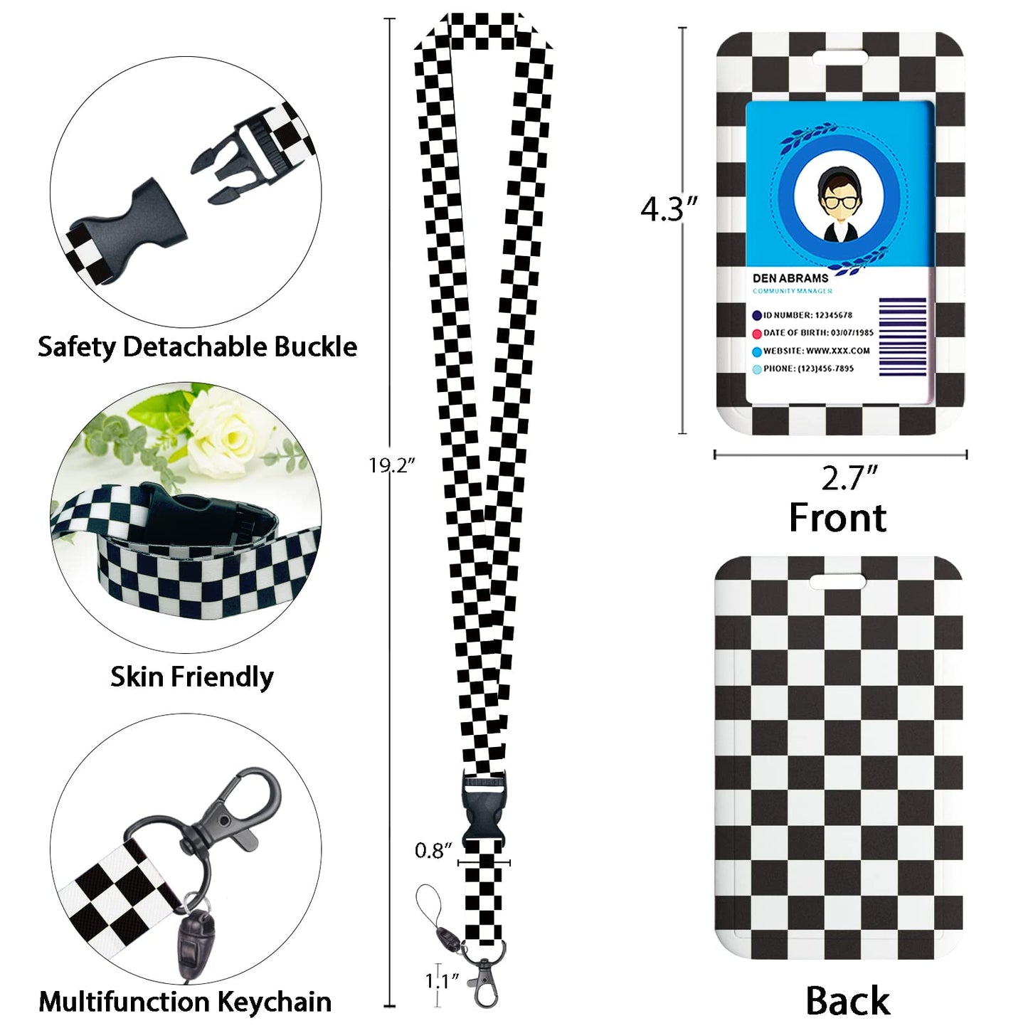 Black and White Checkered Lanyards for Id Badges, Cute Badge Reel Heavy Duty with Carabiner Clip, Fashionable ID Badge Holder with Breakaway Lanyard, Teacher Nurse Office Christmas Gifts