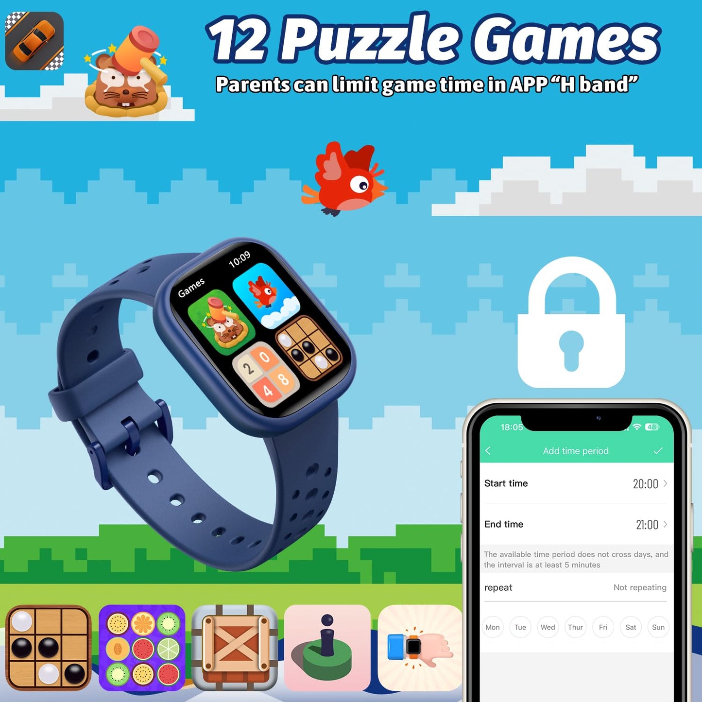Heroange Kids Smart Watch for Girls Boys,IP68 Waterproof Kids Fitness Tracker Watch with 1.83" Face,Heart Rate Sleep Monitor,19 Sport Modes,Puzzle Games with APP,Great Gifts for Teens 6+ (Blue)