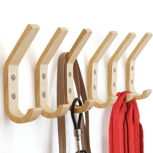 Watbeyoz Wooden Coat Hooks Wall Hooks,Natural Oak Wood Hooks Decorative Vintage Wood Wall Hooks Organizer Heavy Duty Wall Mounted Hooks for Hanging Coats, Key, Cap, Cup (6 Pack)